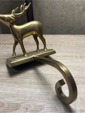 Vintage Brass Reindeer Stocking Holder with Curled Hook - Gold Tone
